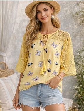 Misslook Yellow Butterfly Blouse Lace Sleeve Tassel Tie Boho Top 1 Women Size S.